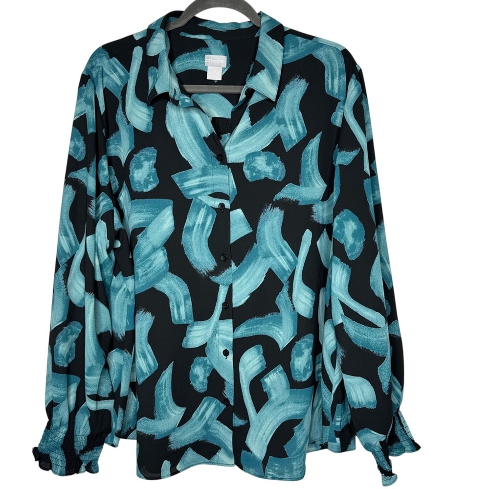 Chico's Womens Button‎ Down Blouse Size XXL Brush Stroke Artsy Office Mature